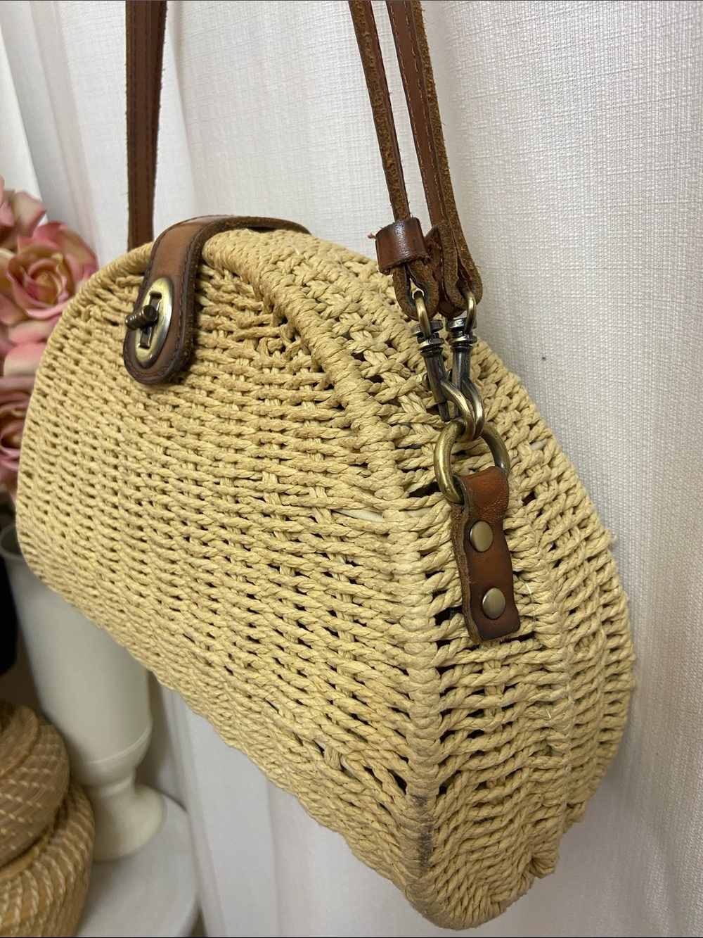 Patricia Nash Natural Woven Half-Moon Crossbody Shoulder Bag Brown Leather Strap